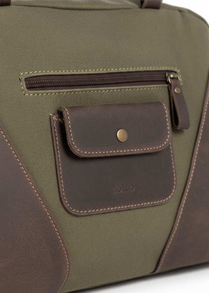 Close-up of VOOC Tiara EC7 canvas shoulder bag with olive fabric and brown OLD LOOK leather pockets and zipper details