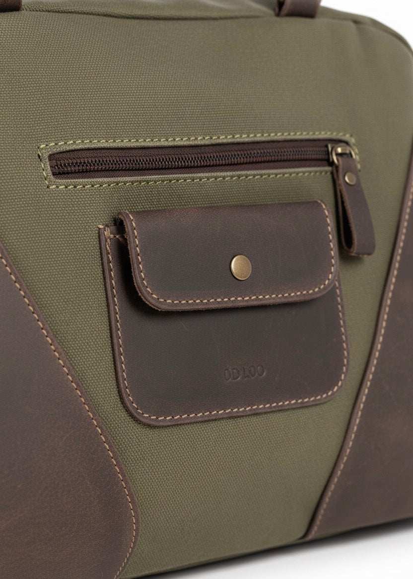 Close-up of VOOC Tiara EC7 canvas shoulder bag with olive fabric and brown OLD LOOK leather pockets and zipper details