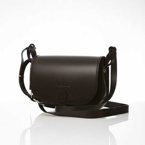 Black women's leather bag with flap closure and adjustable shoulder strap, handcrafted from premium natural leather.
