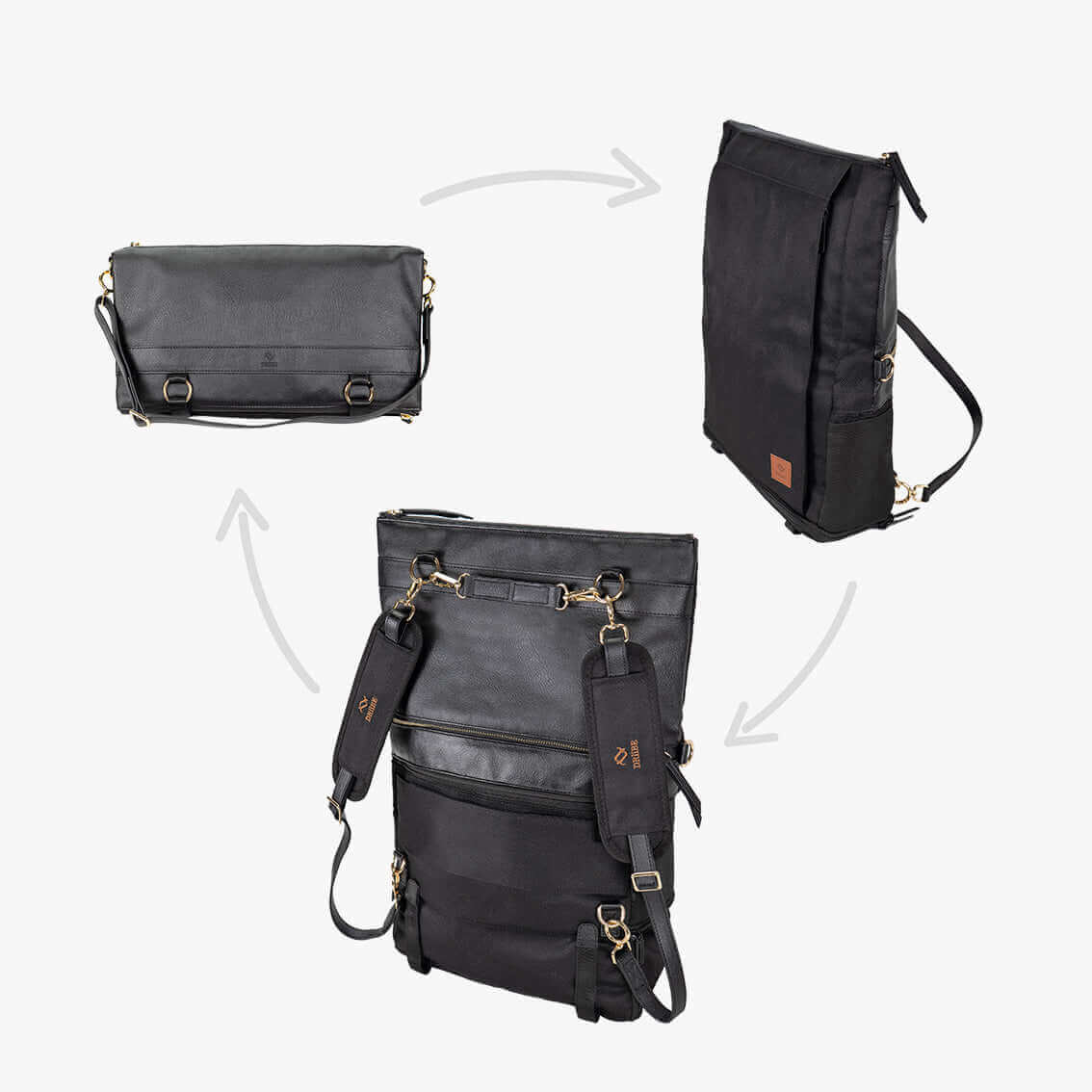A black convertible eco-leather backpack purse with gold hardware and adjustable straps, photographed on a white background.