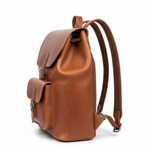 Large handmade natural leather backpack with front stitched pocket and padded straps