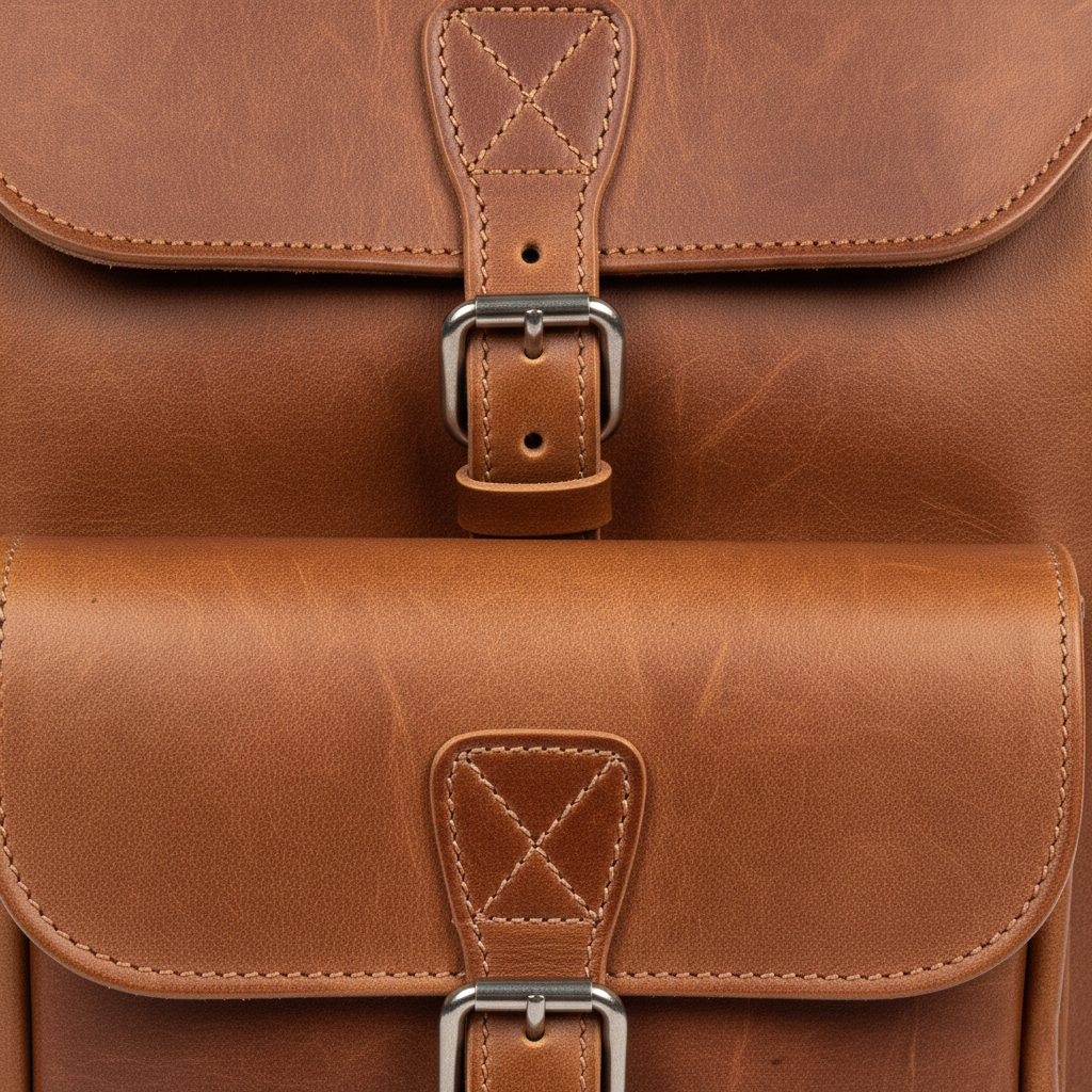 Close-up of large handmade natural leather backpack with stitched front pocket and buckle closure