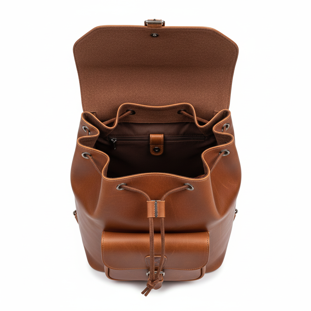 Large handmade natural leather backpack with spacious A4 compartment and front stitched pocket, crafted from premium juchta leather with padded straps and top handle.