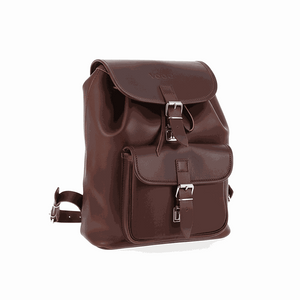 Large handmade leather backpack in brown with front pocket and buckle closures