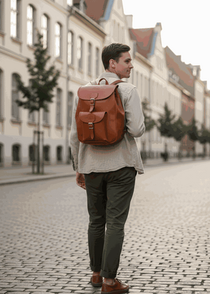 Man wearing a vintage P1 leather backpack walking on a cobblestone street in a city setting