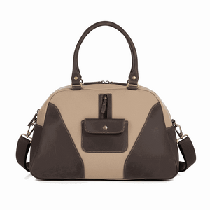 Tiara Canvas Shoulder Bag in beige canvas with dark leather accents and multiple pockets, adjustable shoulder strap and double handles.