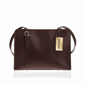 Dark brown handmade leather shoulder bag with twin straps and elegant structured design