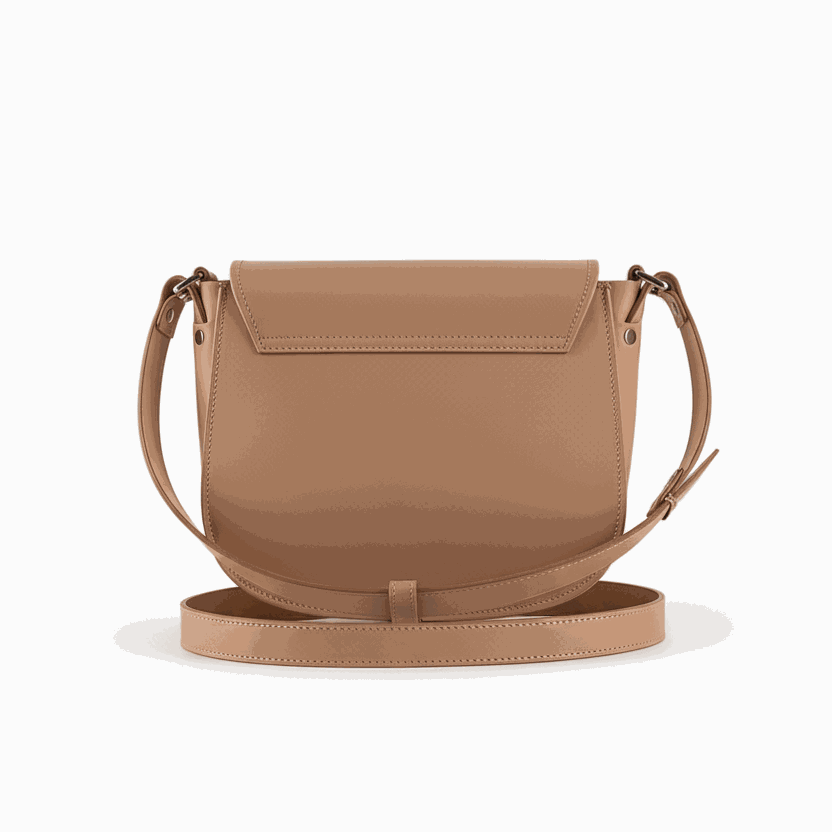 Elegant tan leather postbag with adjustable shoulder strap and sleek design