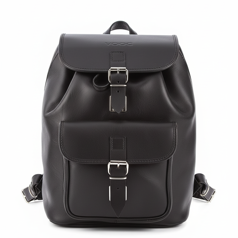 Large handmade natural leather backpack with front buckle pocket and adjustable padded shoulder straps