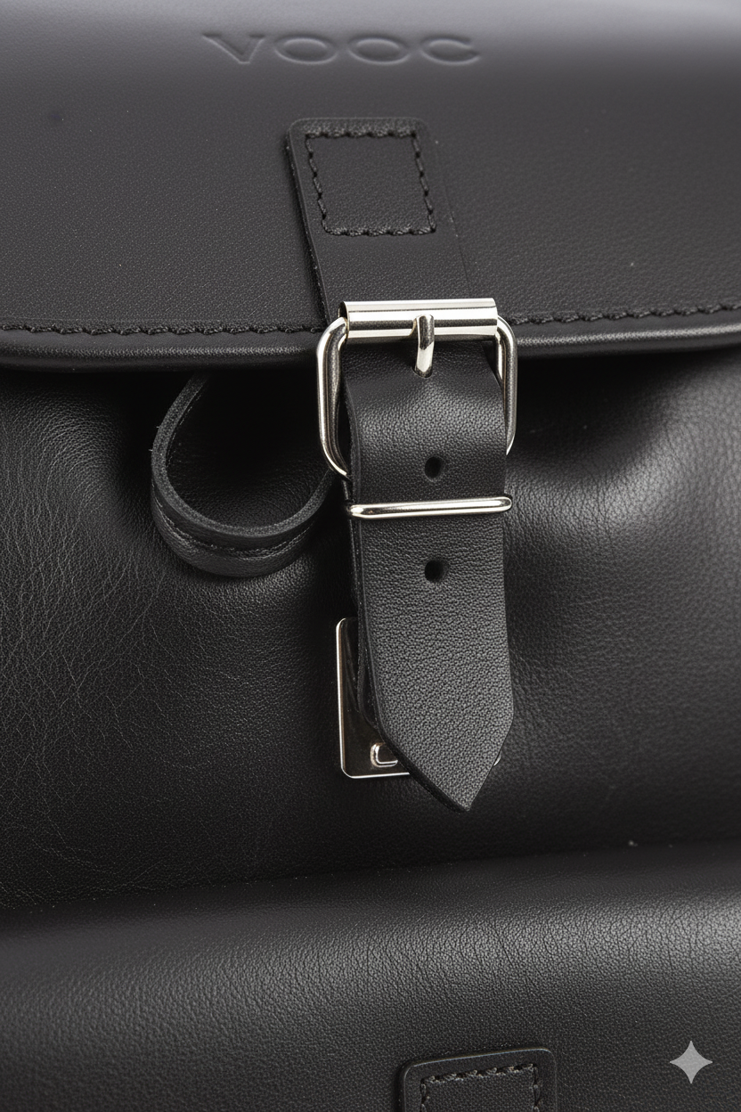 Close-up of a large handmade natural leather backpack buckle and front pocket detail