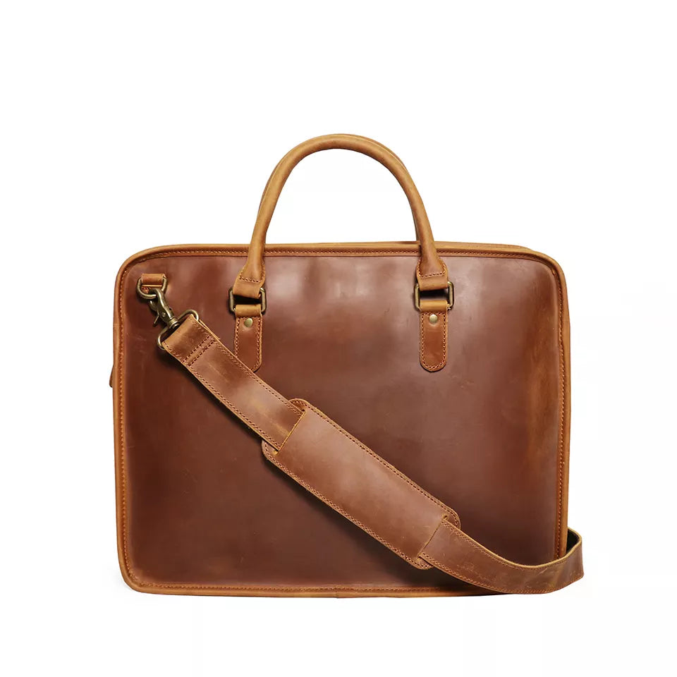 Crazy horse leather briefcase with adjustable strap