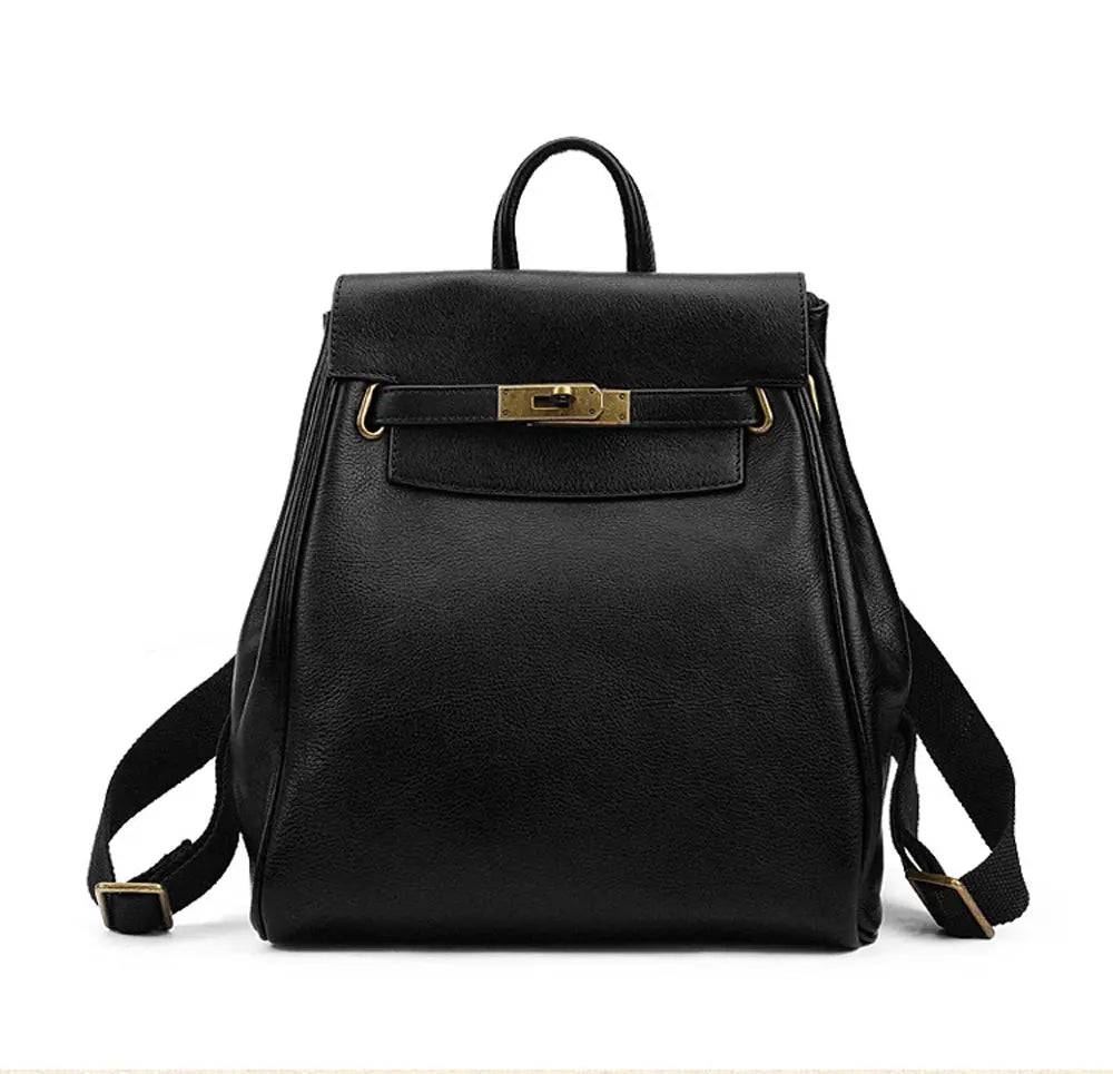 A black vintage leather backpack with gold hardware and a top handle, featuring a flap padlock closure and adjustable straps, photographed on a white background.