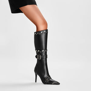 Convertible Double Buckle Black Pointed Toe Boots-2