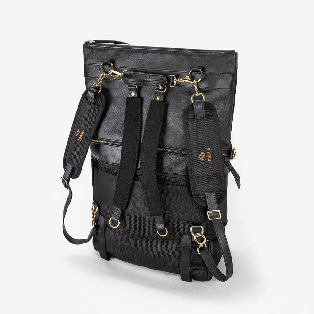 A black convertible eco-leather backpack purse with gold hardware and adjustable straps, photographed on a white background.