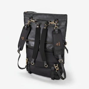 A black convertible eco-leather backpack purse with gold hardware and adjustable straps, photographed on a white background.