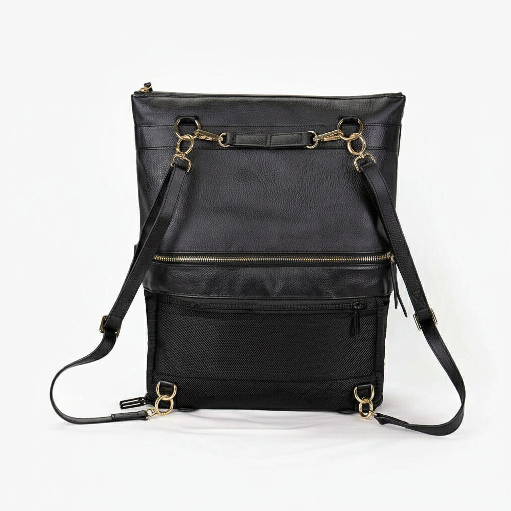 A black convertible eco-leather backpack purse with gold hardware and adjustable straps, photographed on a white background.