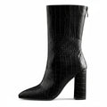 A black faux crocodile leather mid-calf boot with a pointed toe and block heel, photographed on a white background.