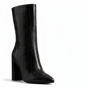 A black faux crocodile leather mid-calf boot with a pointed toe and block heel, photographed on a white background.