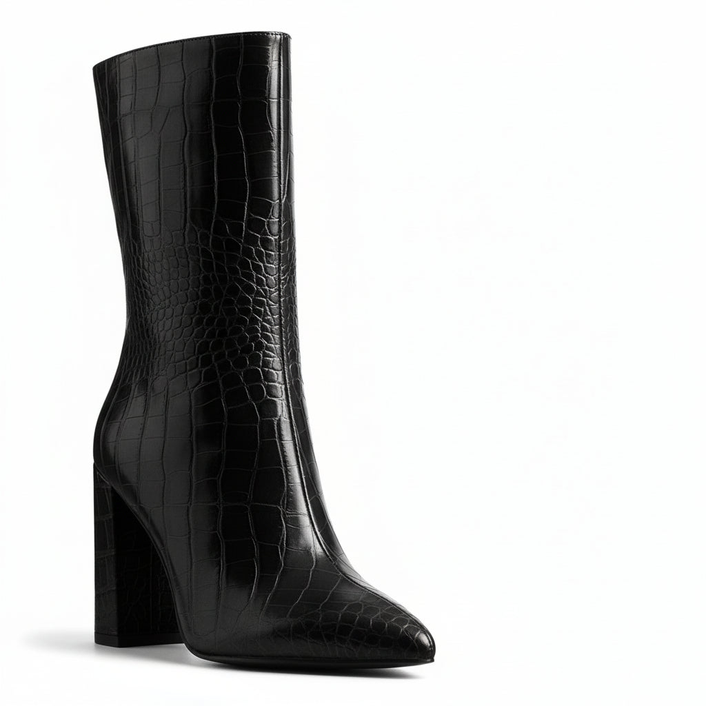 A black faux crocodile leather mid-calf boot with a pointed toe and block heel, photographed on a white background.