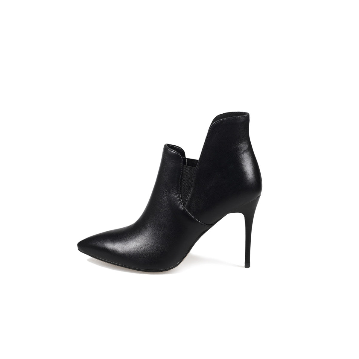 A black leather asymmetrical ankle boot with a pointed toe and stiletto heel, photographed on a white background.
