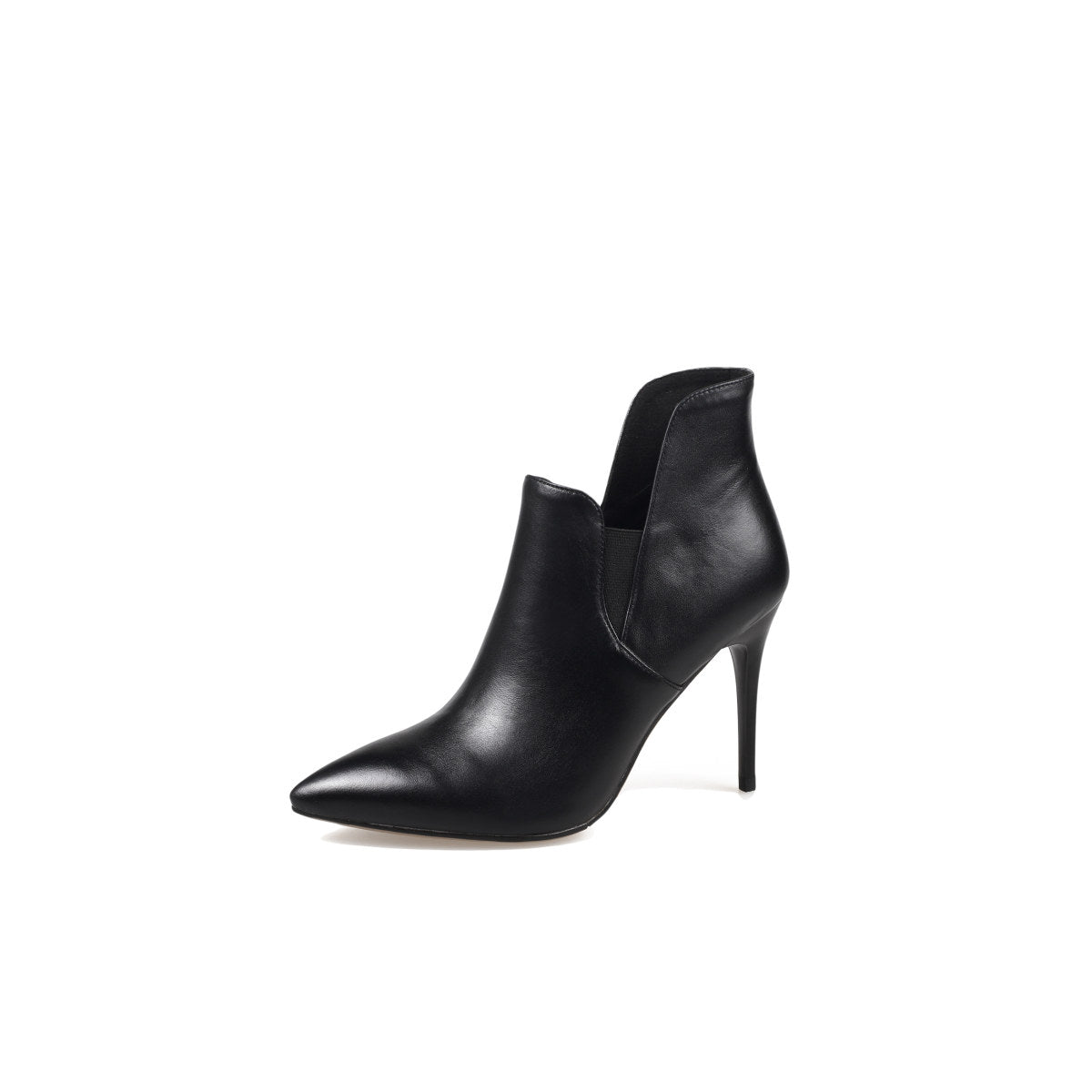A black leather asymmetrical ankle boot with a pointed toe and stiletto heel, photographed on a white background.