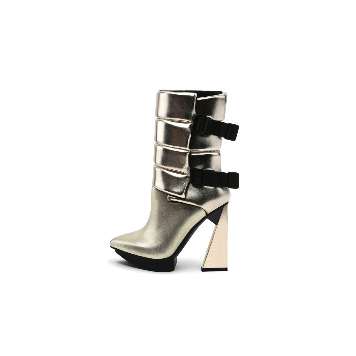 A black puffy vegan leather platform boot with adjustable straps and geometric high heel, photographed on a white background.