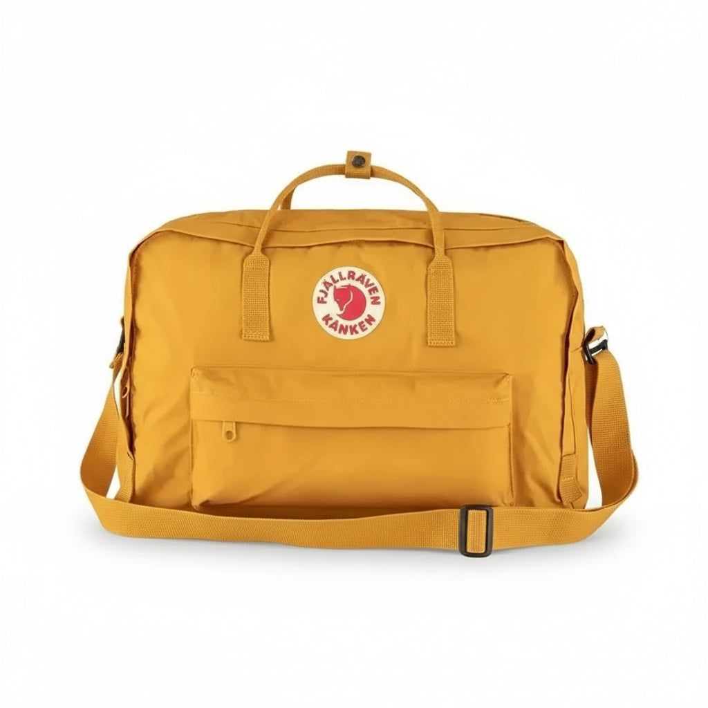 Model wearing yellow Fjällräven Kånken as backpack and shoulder bag