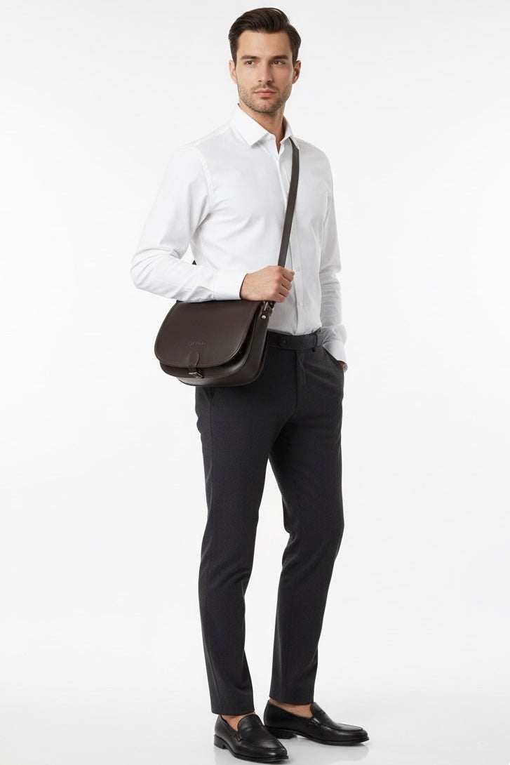 Man wearing VOOC Vintage P27 Postbag dark brown leather shoulder bag with adjustable strap