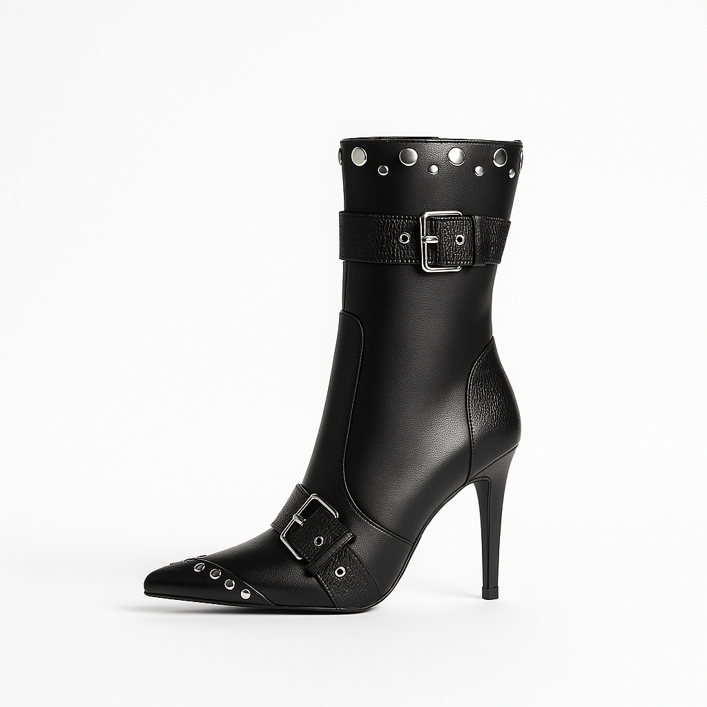 Convertible Double Buckle Black Pointed Toe Boots