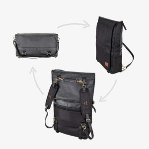 A black convertible eco-leather backpack purse with gold hardware and adjustable straps, photographed on a white background.