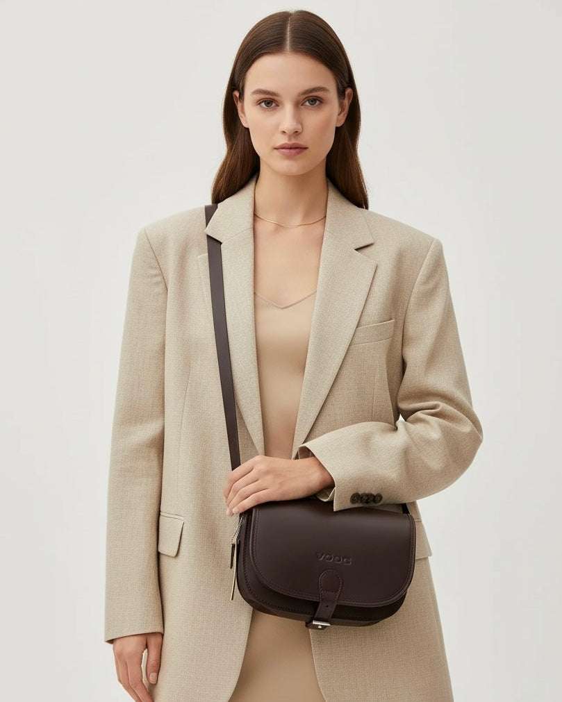 Woman wearing beige blazer carrying a brown women’s leather bag over shoulder