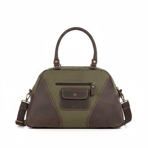 VOOC Tiara EC7 canvas shoulder bag with trapezoid shape, olive green cotton canvas, and brown leather accents
