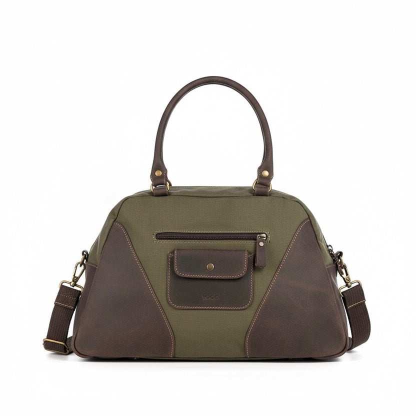 VOOC Tiara EC7 canvas shoulder bag with trapezoid shape, olive green cotton canvas, and brown leather accents