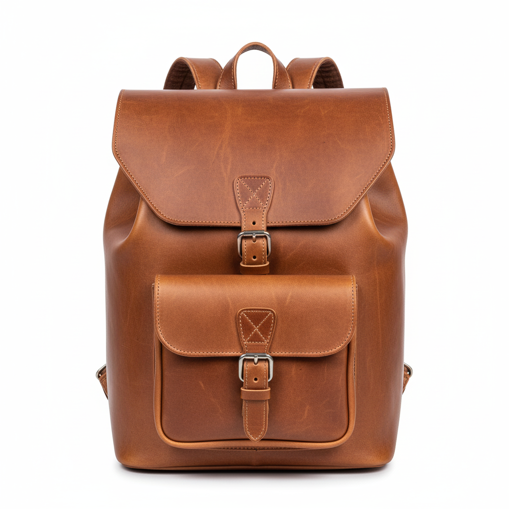 Large handmade natural leather backpack with front stitched pocket and adjustable padded straps