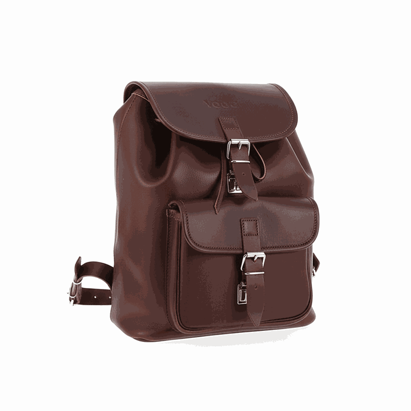 Large handmade leather backpack in brown with front pocket and buckle closures