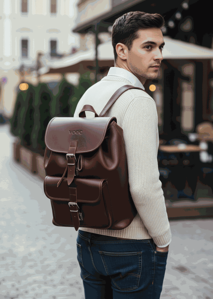 Man wearing large handmade leather backpack in vintage style walking outdoors