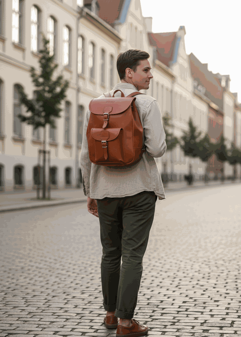 Man wearing a vintage P1 leather backpack walking on a cobblestone street in a city setting