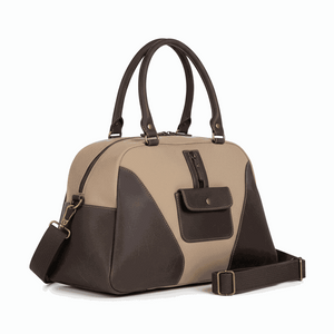 Tiara Canvas Shoulder Bag in beige and brown with leather accents, double handles, and adjustable shoulder strap.