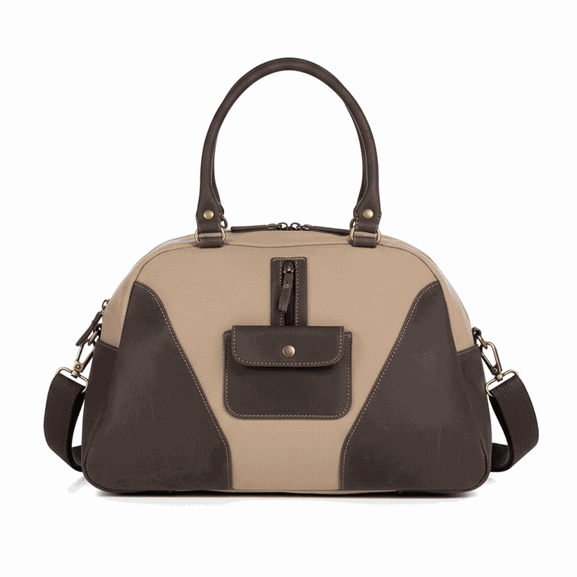 Tiara Canvas Shoulder Bag in beige canvas with dark leather accents and multiple pockets, adjustable shoulder strap and double handles.