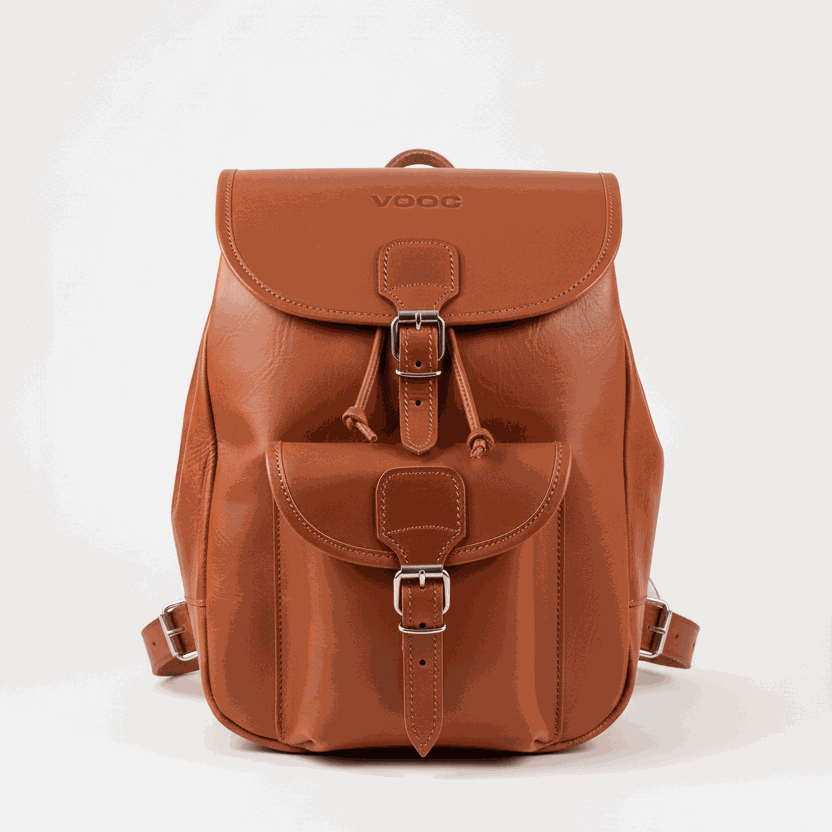 Vintage P1 leather backpack made of handmade brown juchta leather with buckle closure and front pocket
