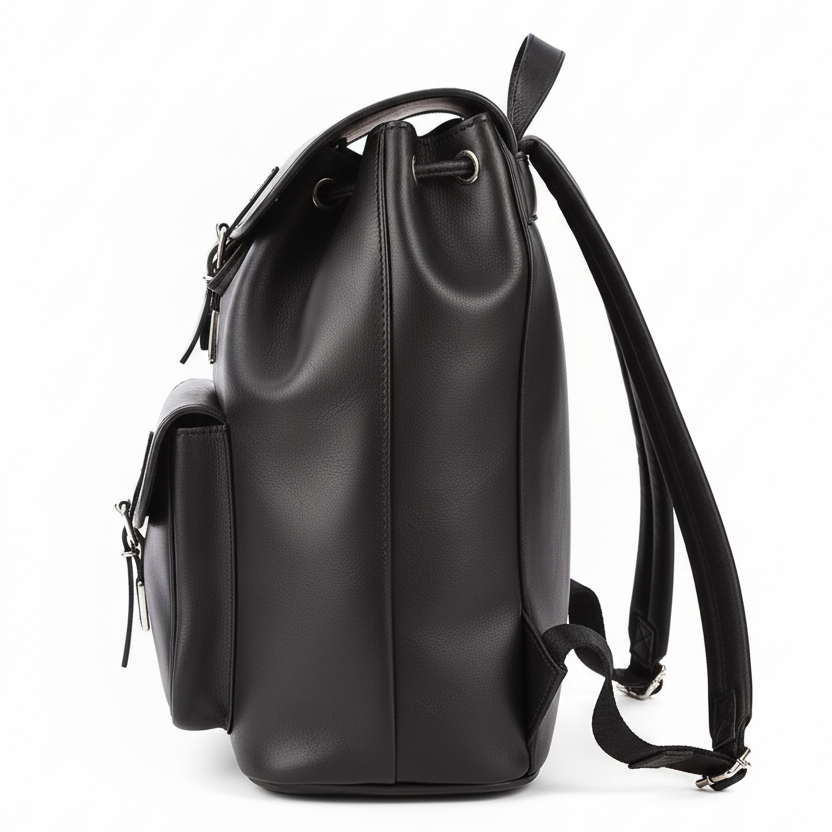 Side view of a large handmade natural black leather backpack with adjustable padded shoulder straps and front pocket.