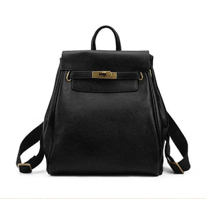 A black vintage leather backpack with gold hardware and a top handle, featuring a flap padlock closure and adjustable straps, photographed on a white background.