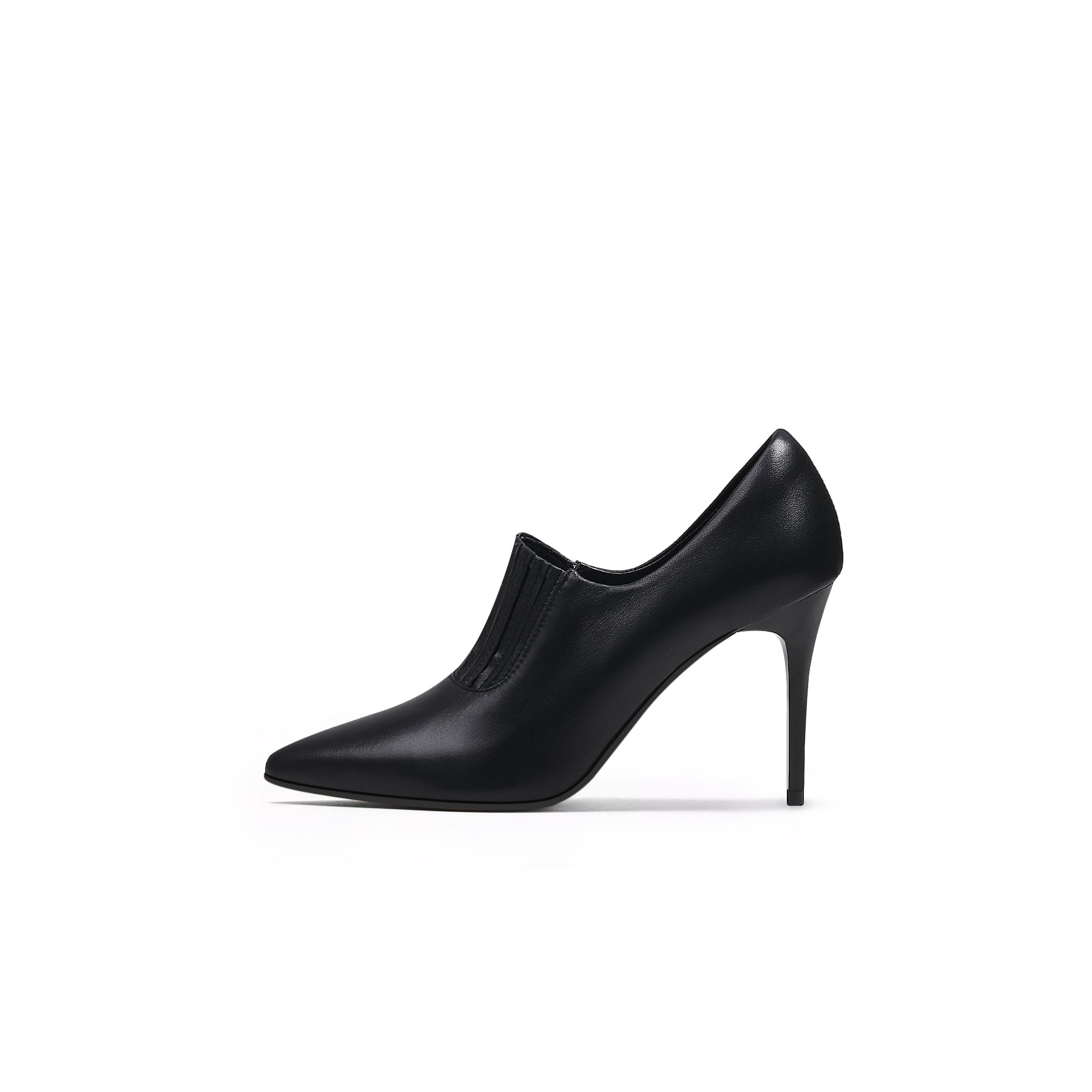 A black leather stiletto heel with a pointed toe and elastic upper detail, photographed on a white background.