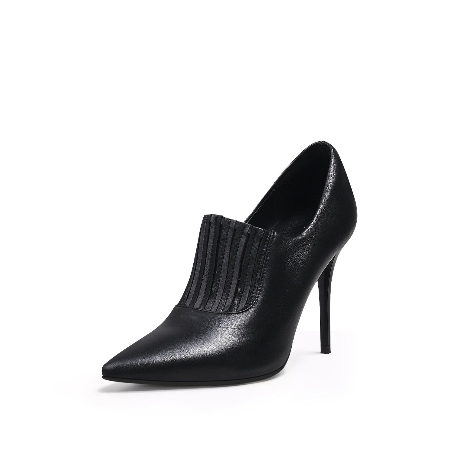 A black leather stiletto heel with a pointed toe and elastic upper detail, photographed on a white background.
