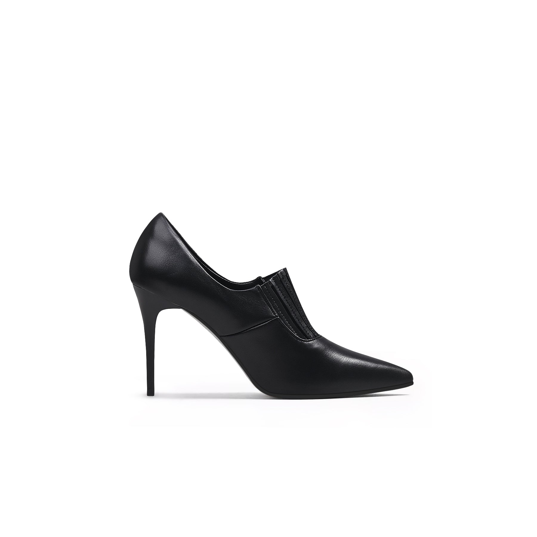 A black leather stiletto heel with a pointed toe and elastic upper detail, photographed on a white background.