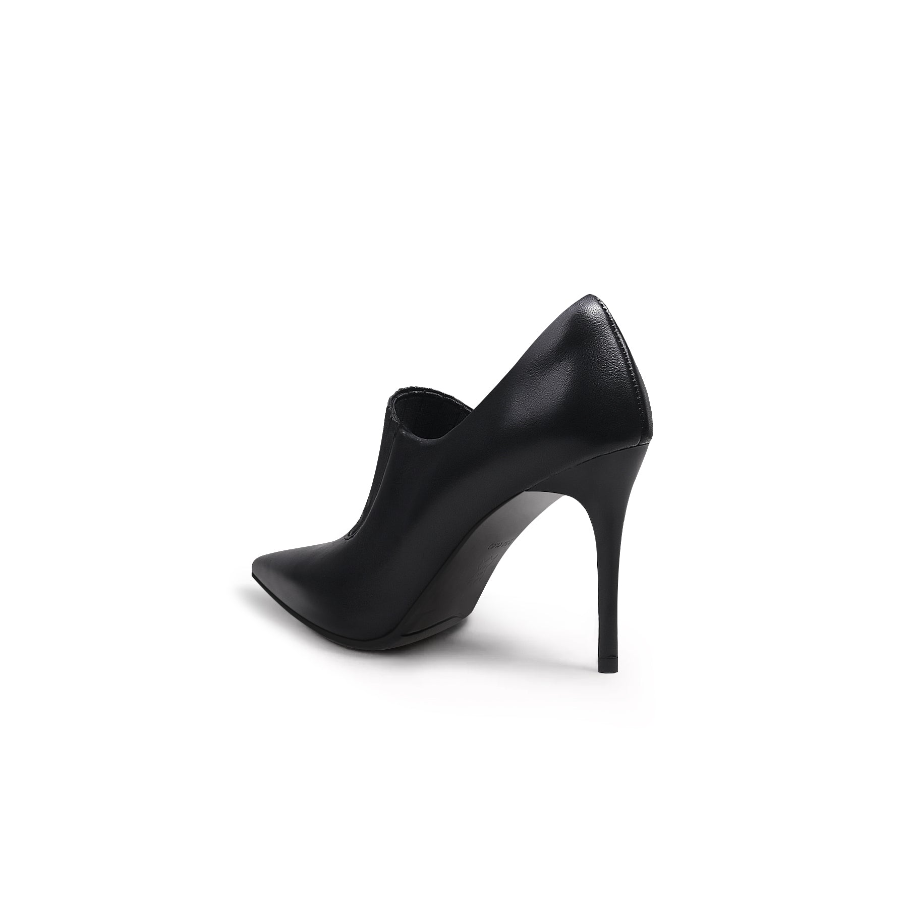 A black leather stiletto heel with a pointed toe and elastic upper detail, photographed on a white background.