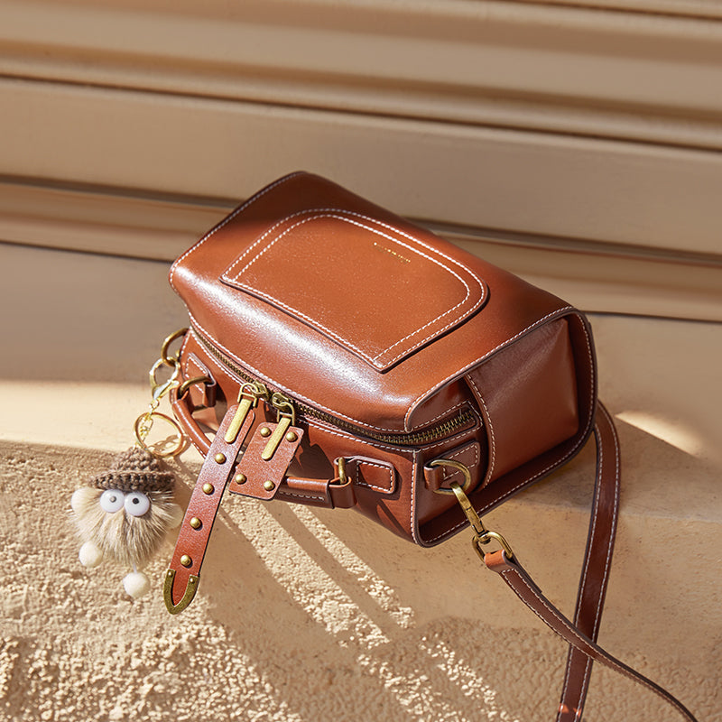 Brown Leather Casual Boston bag-4