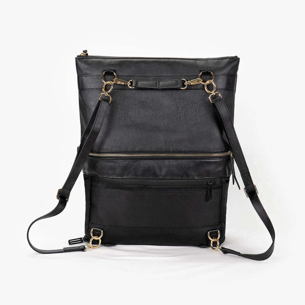 A black convertible eco-leather backpack purse with gold hardware and adjustable straps, photographed on a white background.