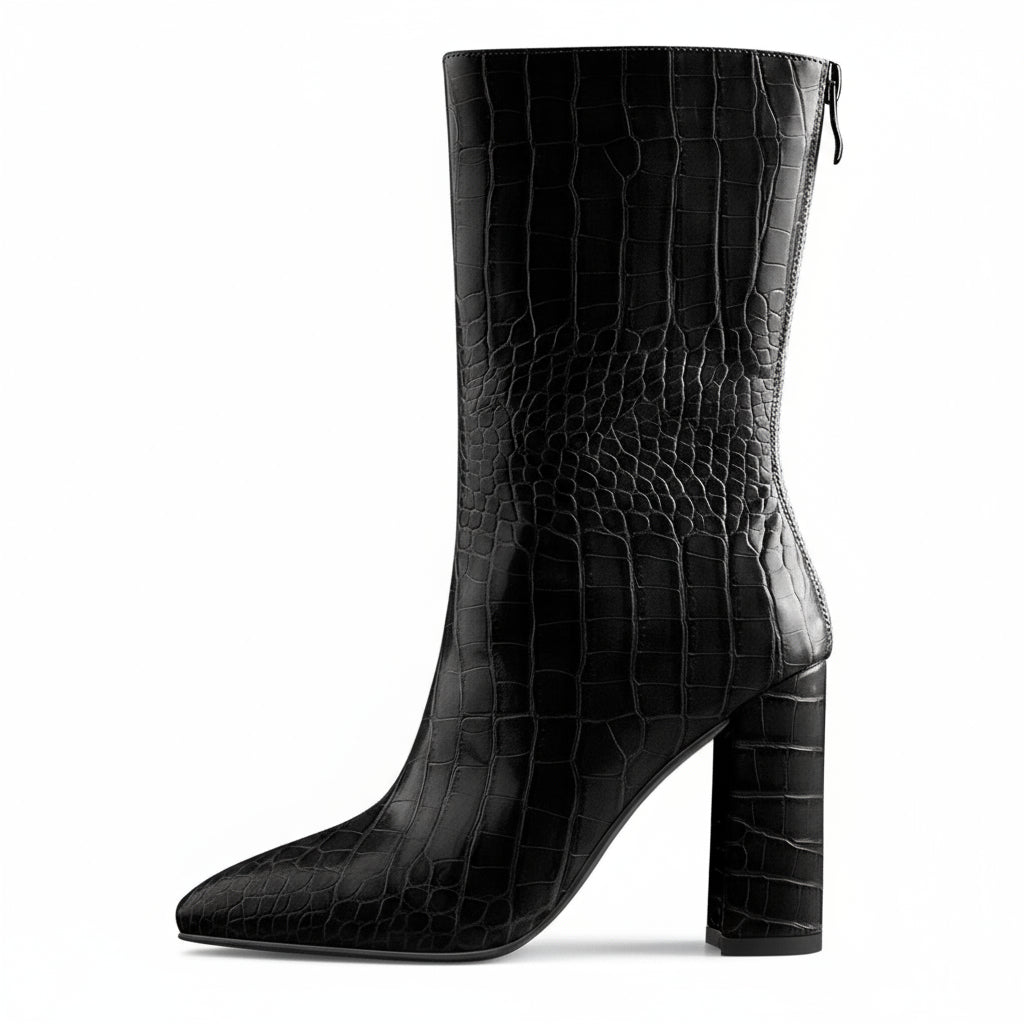 A black faux crocodile leather mid-calf boot with a pointed toe and block heel, photographed on a white background.