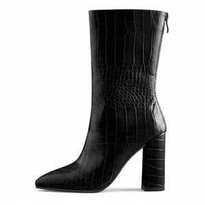 A black faux crocodile leather mid-calf boot with a pointed toe and block heel, photographed on a white background.